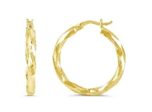 10K Yellow Gold Diamond Cut Twisted Hoop Earrings