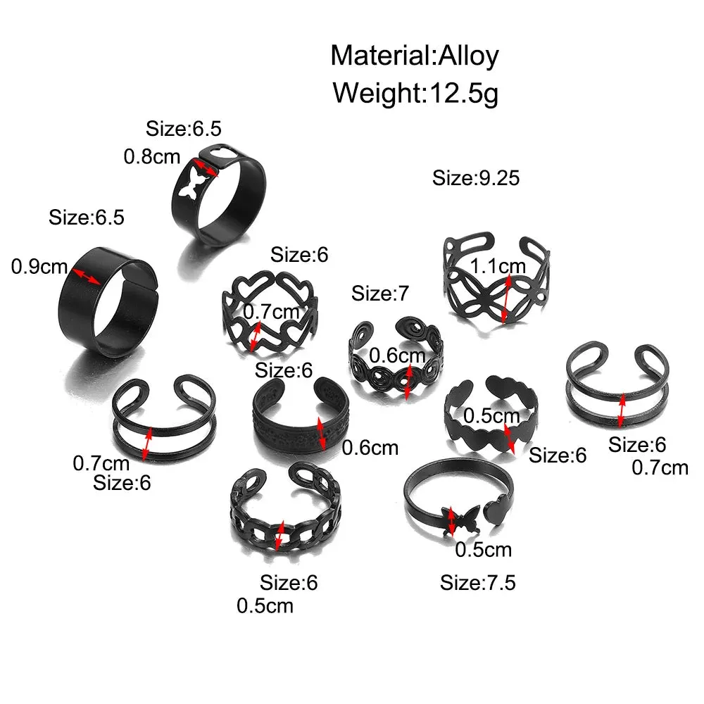 11pcs/ Black Goth Ring Set