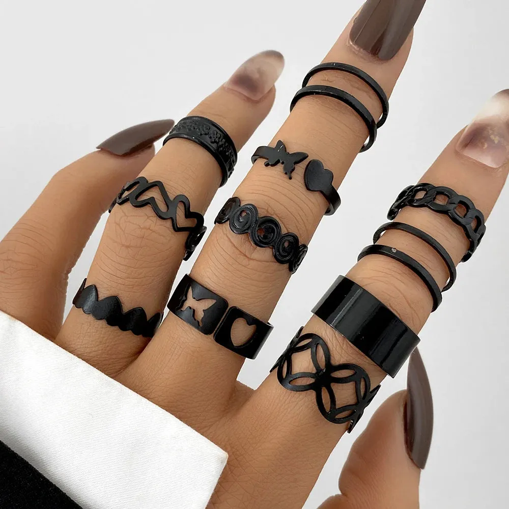 11pcs/ Black Goth Ring Set