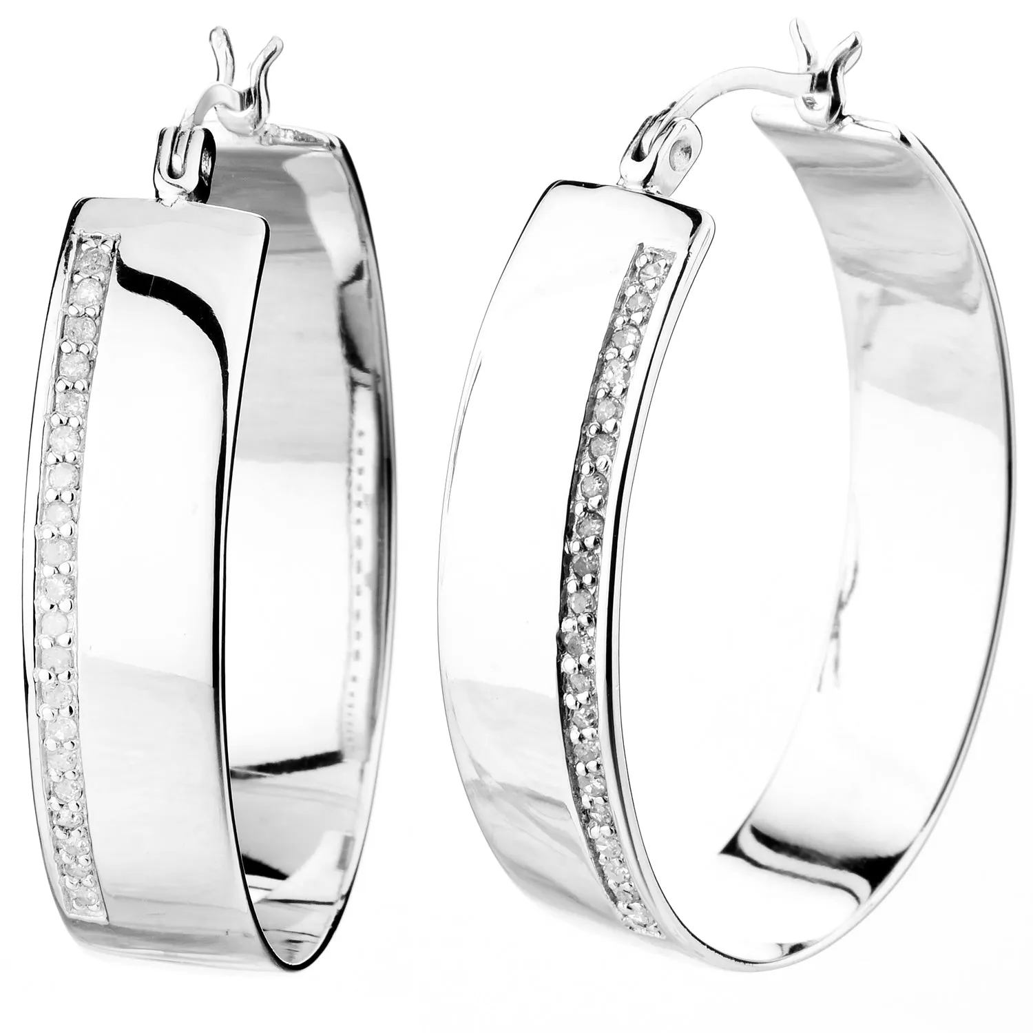 1/4 cttw Diamond Hoop Earrings .925 Sterling Silver with Rhodium Round 1.50 Inch