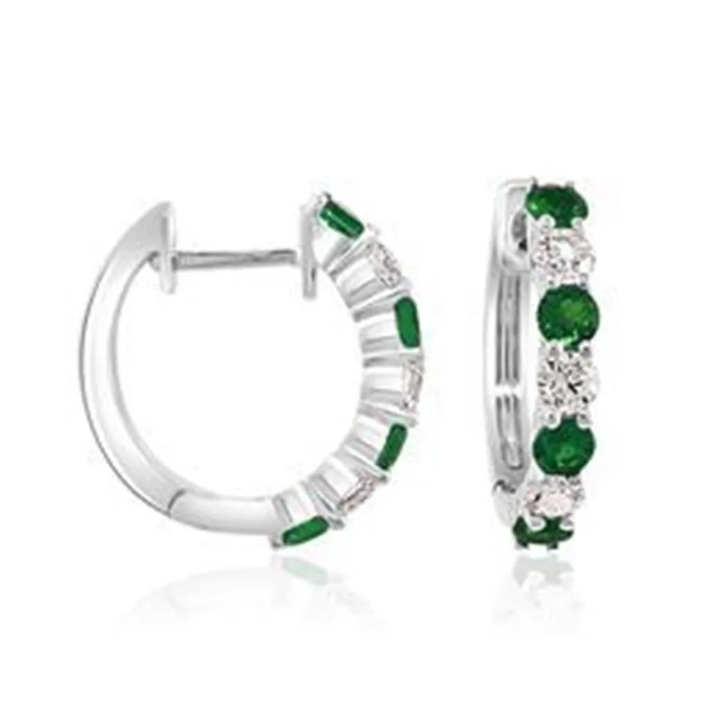 14K White Gold 0.79tw Emerald & Diamond Huggie Hoop Earrings