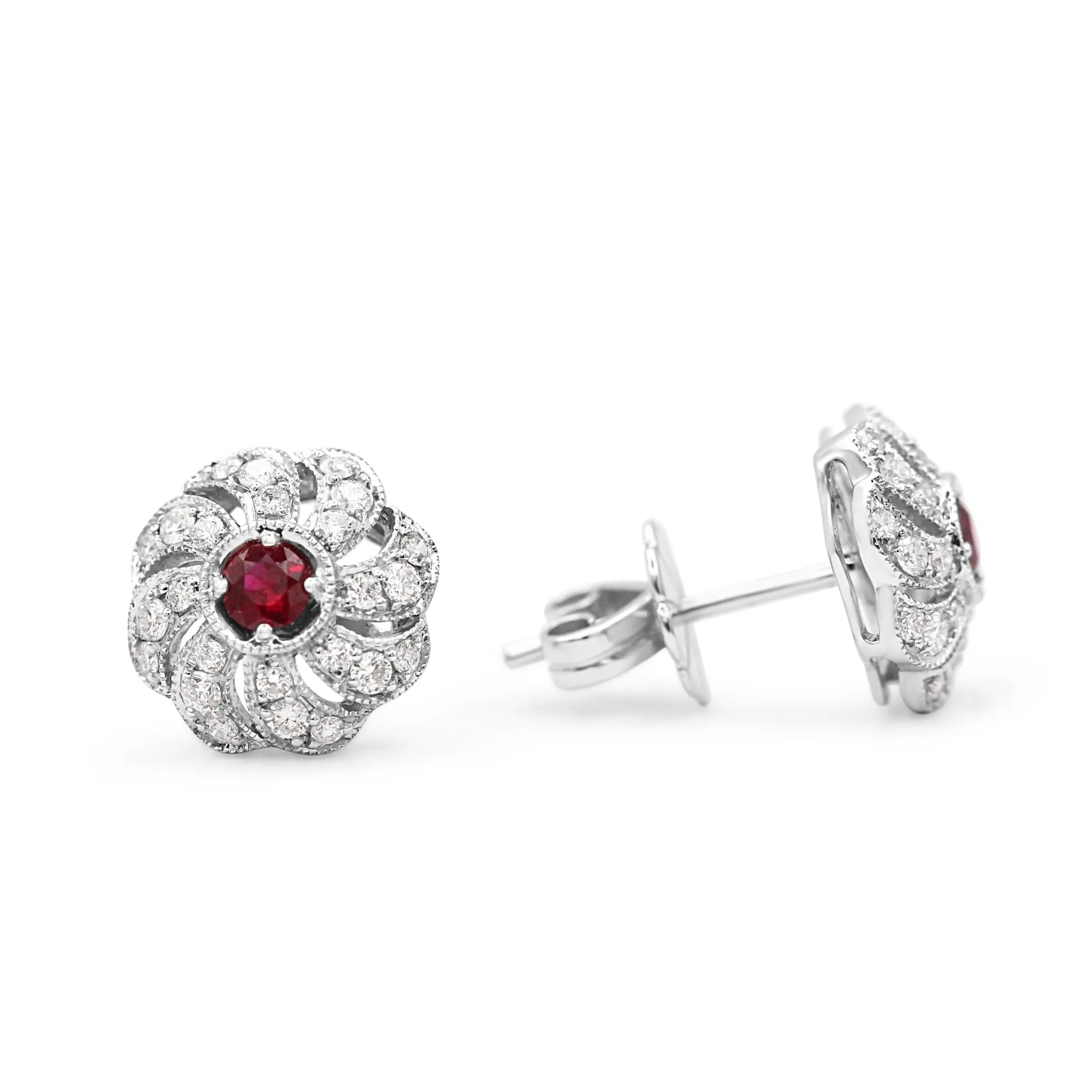 18ct White Gold Diamond & Ruby Swirl Stud Earrings