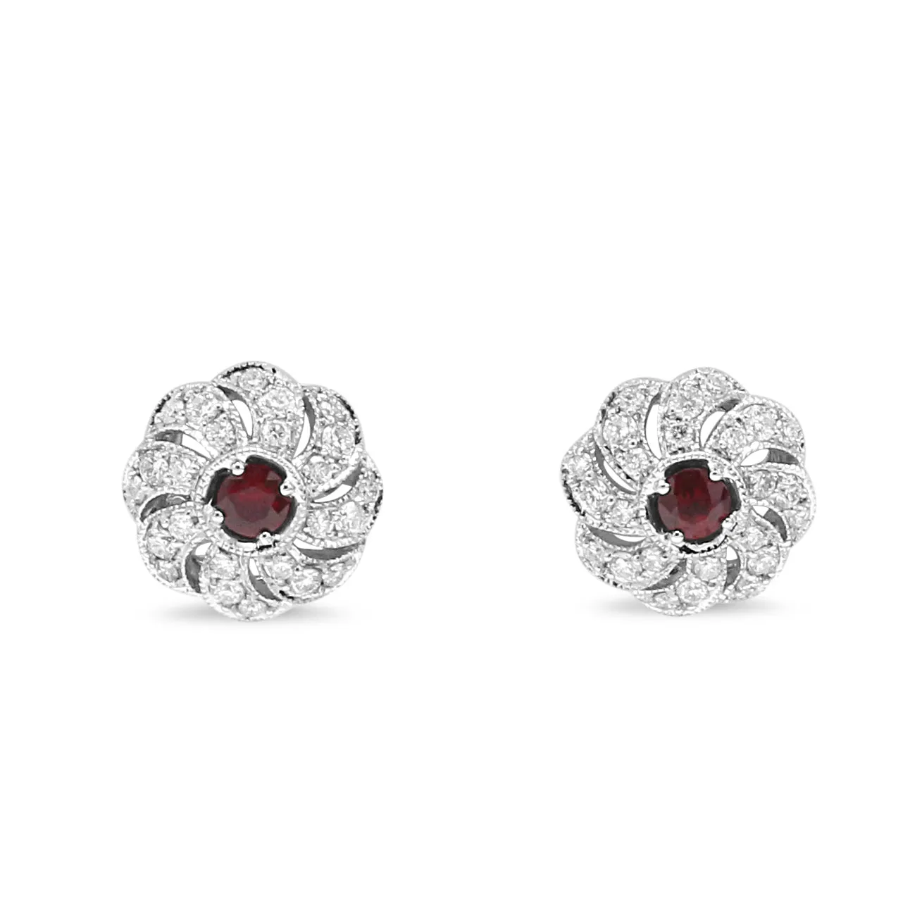 18ct White Gold Diamond & Ruby Swirl Stud Earrings