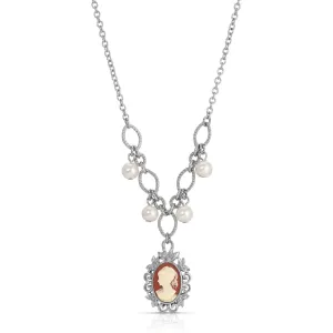 1928 Jewelry Floral Filigree Carnelian Red Cameo Pearl Pendant Necklace Pendant Necklace 16"   3" Extender