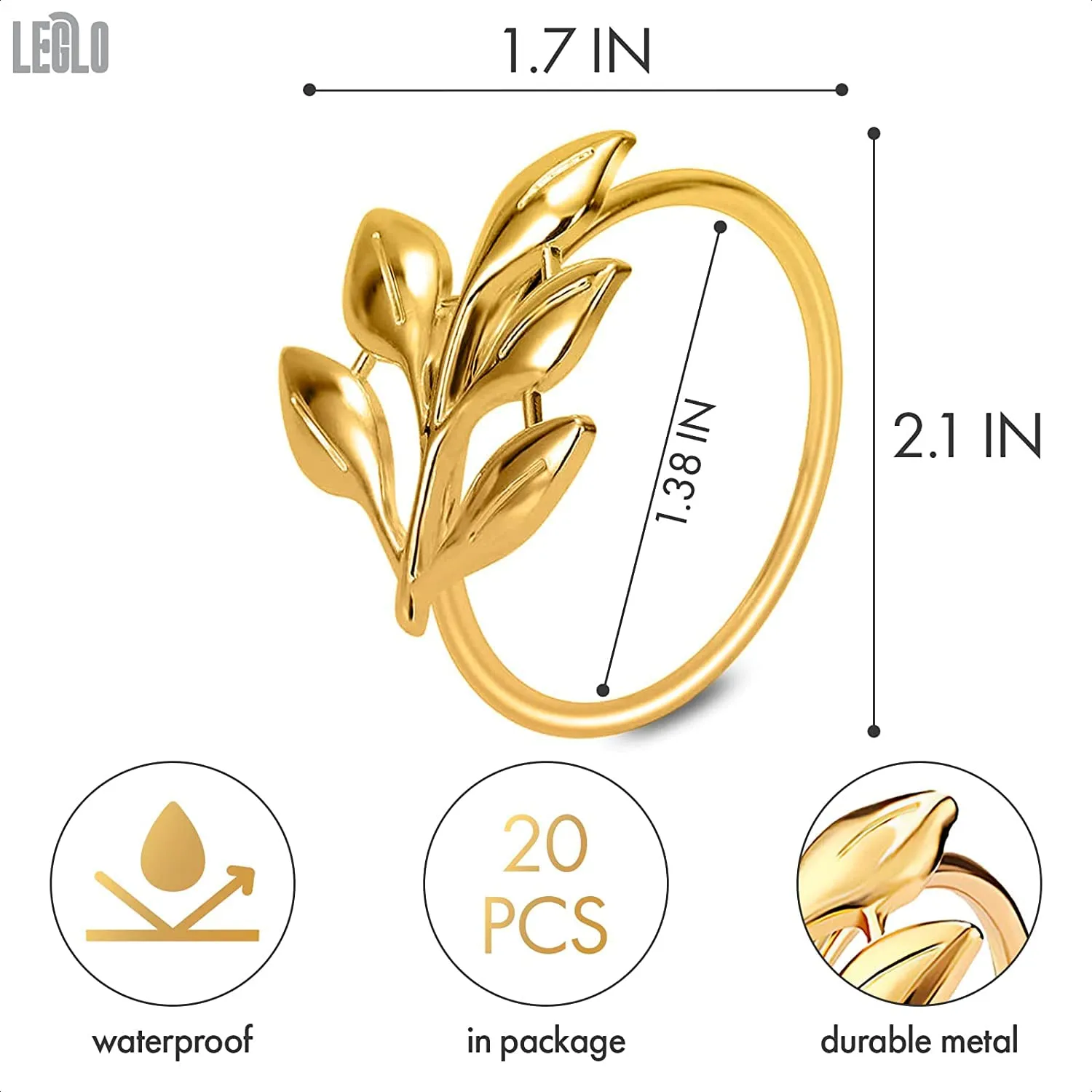 20Pcs Gold Napkin Rings Set - Leaf Napkin Rings for Wedding Decorations Napkins Rings Dinner Napkins Gold Fall Napkin Rings - Metal Napkin Holders for Cloth Napkins Autumn Christmas Napkin Rings