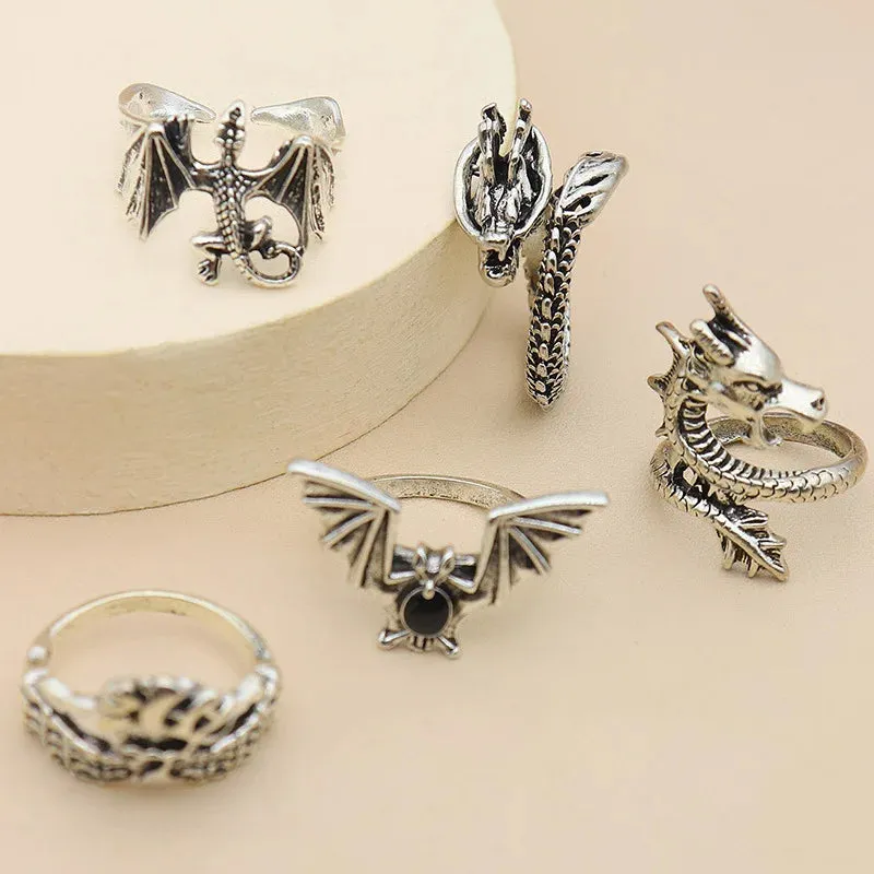 5pcs/set Vintage Dragon Bat Rings for Women Gothic Jewelry