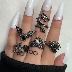 5pcs/set Vintage Dragon Bat Rings for Women Gothic Jewelry