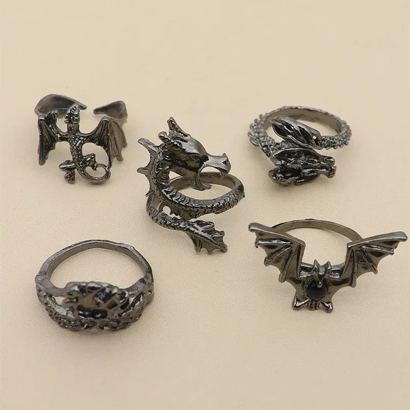 5pcs/set Vintage Dragon Bat Rings for Women Gothic Jewelry