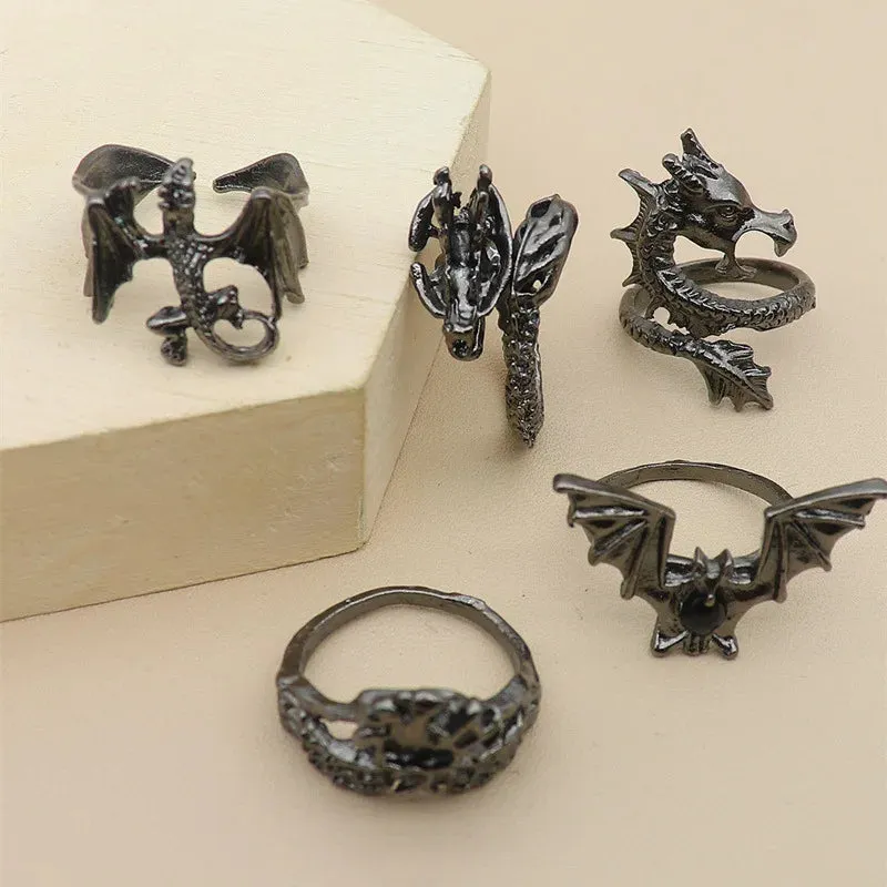 5pcs/set Vintage Dragon Bat Rings for Women Gothic Jewelry