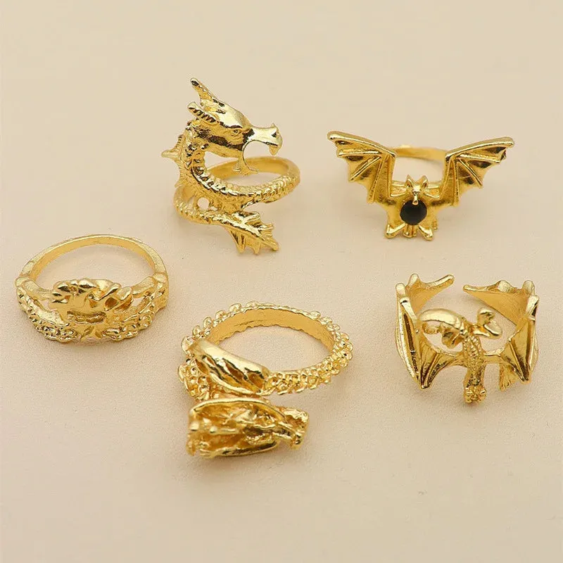 5pcs/set Vintage Dragon Bat Rings for Women Gothic Jewelry