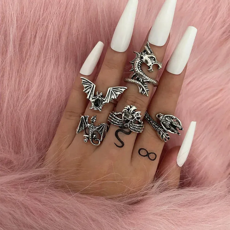 5pcs/set Vintage Dragon Bat Rings for Women Gothic Jewelry