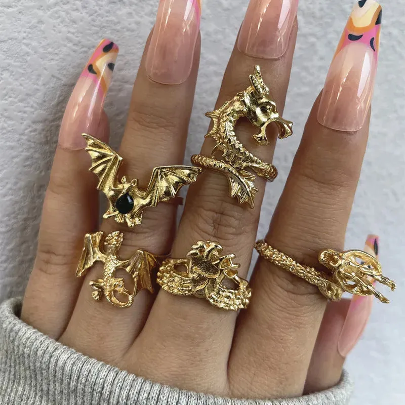 5pcs/set Vintage Dragon Bat Rings for Women Gothic Jewelry