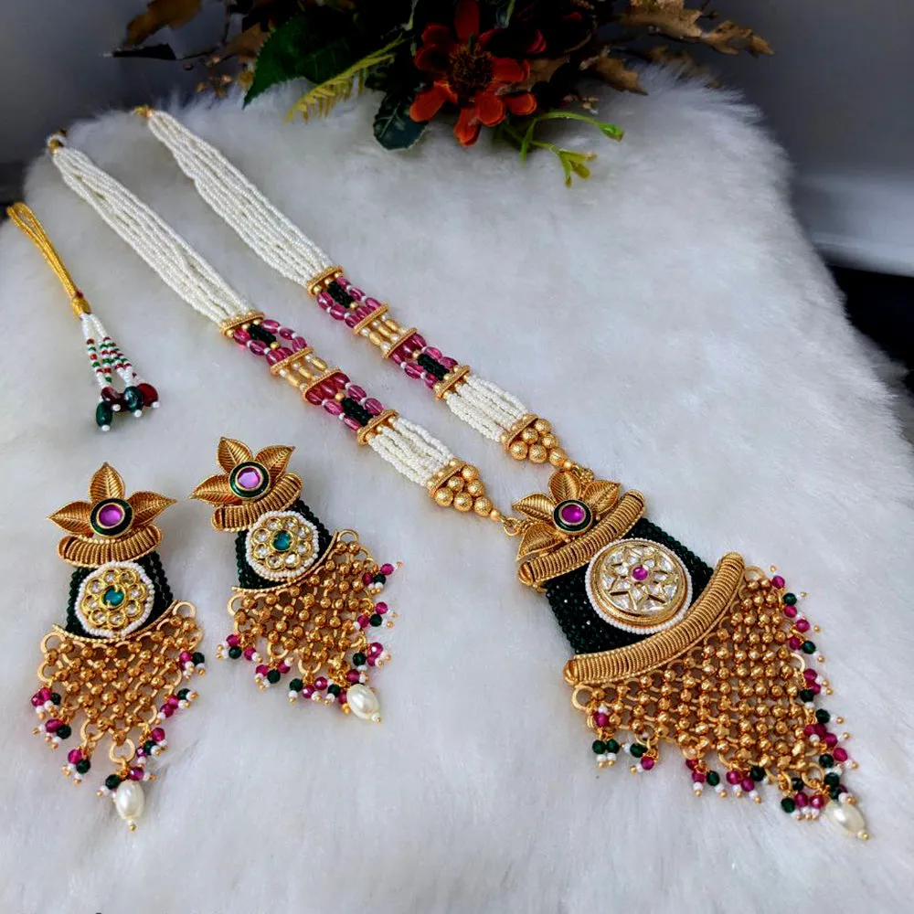 Aamrapali Gold Plated Pota Stone And Pearl Long Necklace Set