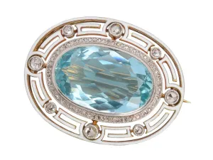 Antique Aquamarine & Enamel Diamond Brooch