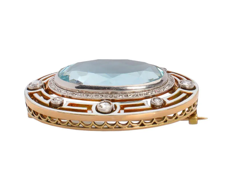 Antique Aquamarine & Enamel Diamond Brooch