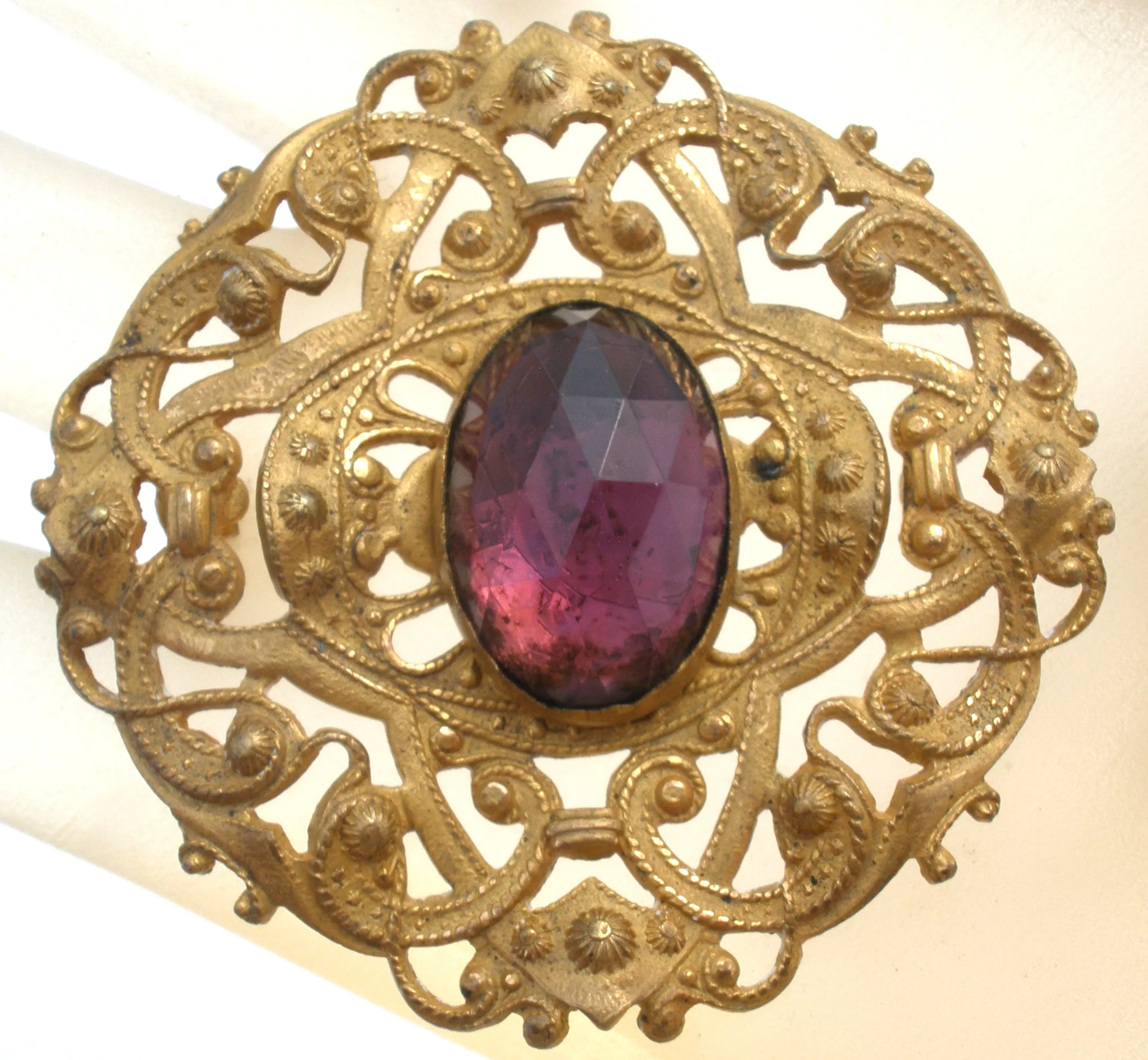 Antique Brass Brooch With Purple Rhinestone