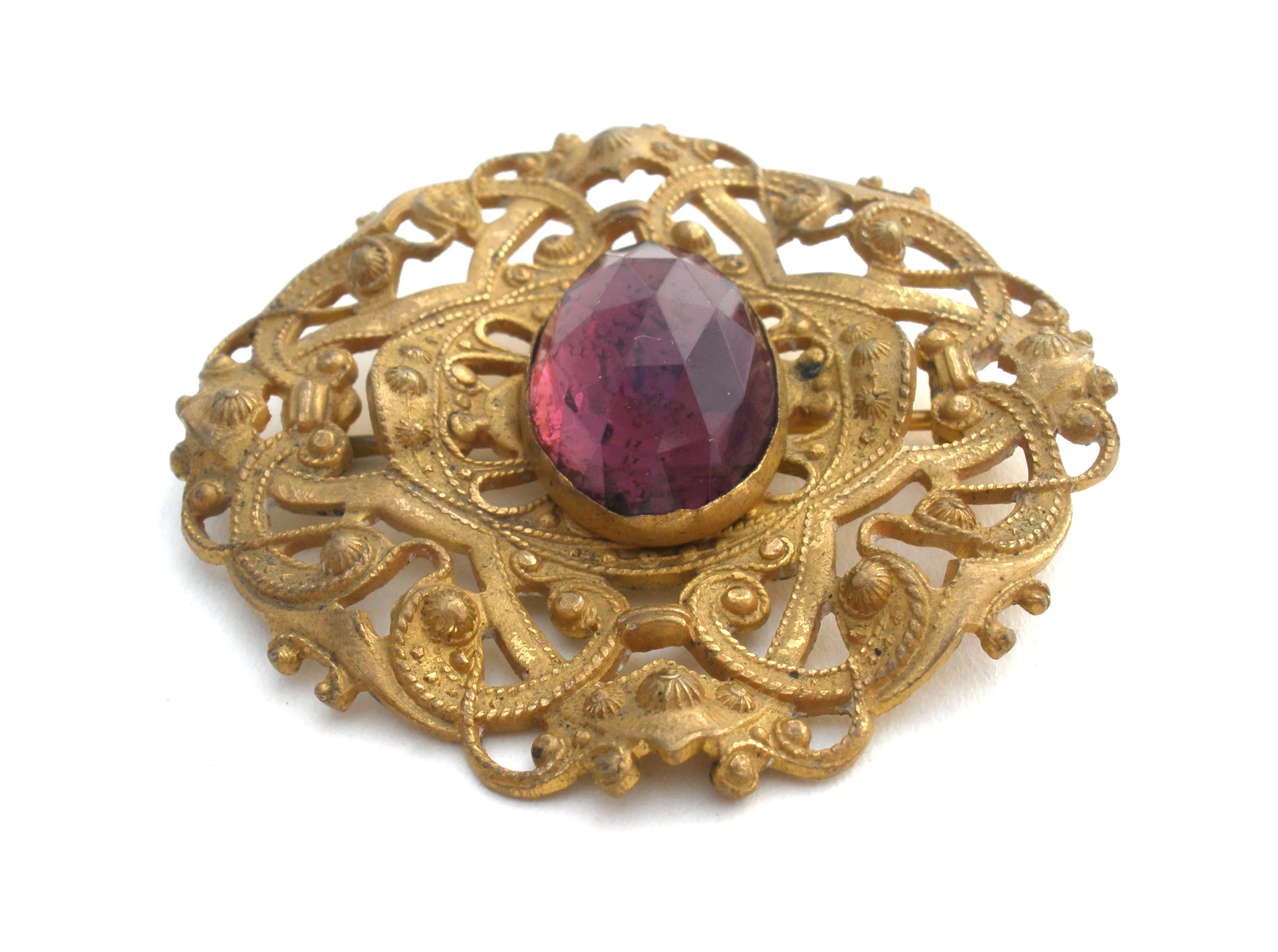 Antique Brass Brooch With Purple Rhinestone