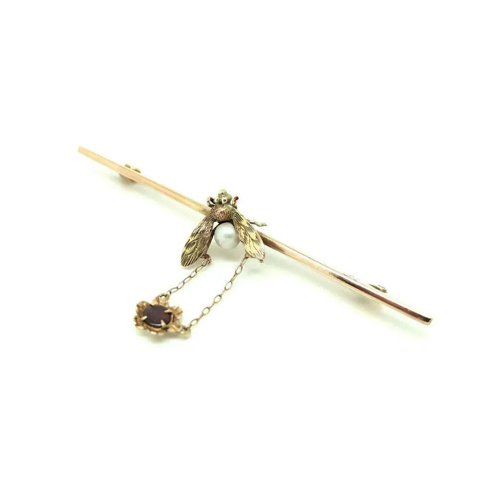 Antique Edwardian 9ct Gold Garnet Fly Pearl Brooch