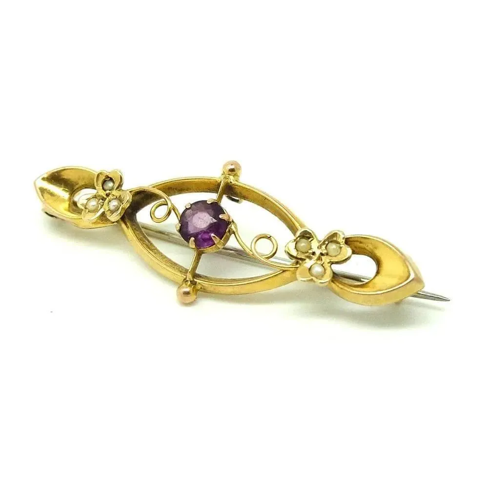 Antique Edwardian Seed Pearl & Amethyst 9ct Gold Brooch