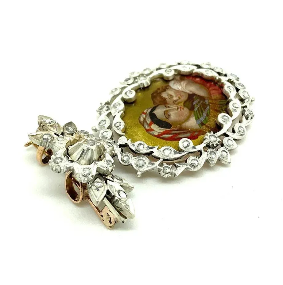 Antique Georgian 1.5ct Diamond Virgin Mary Jesus Brooch Necklace