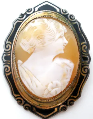 Antique Shell Cameo & Enamel Brooch Pin