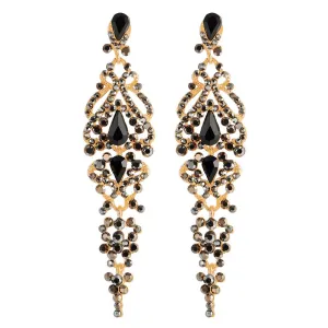 Art Deco Black Crystal Rhinestone Cluster Chandelier Long Dangle Statement Earring, Party Prom