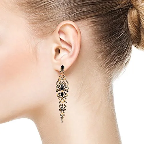 Art Deco Black Crystal Rhinestone Cluster Chandelier Long Dangle Statement Earring, Party Prom