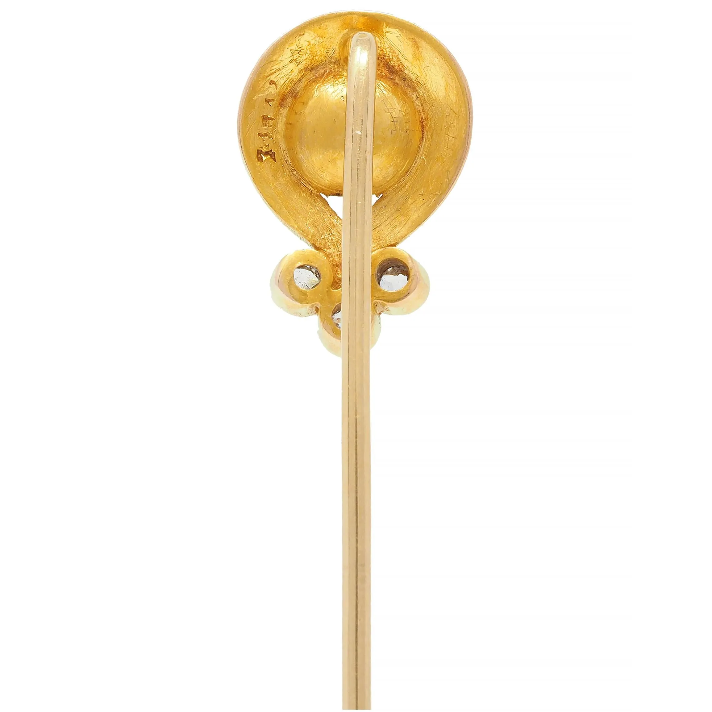 Art Nouveau Pearl Diamond 14 Karat Yellow Gold Antique Swirl Stickpin