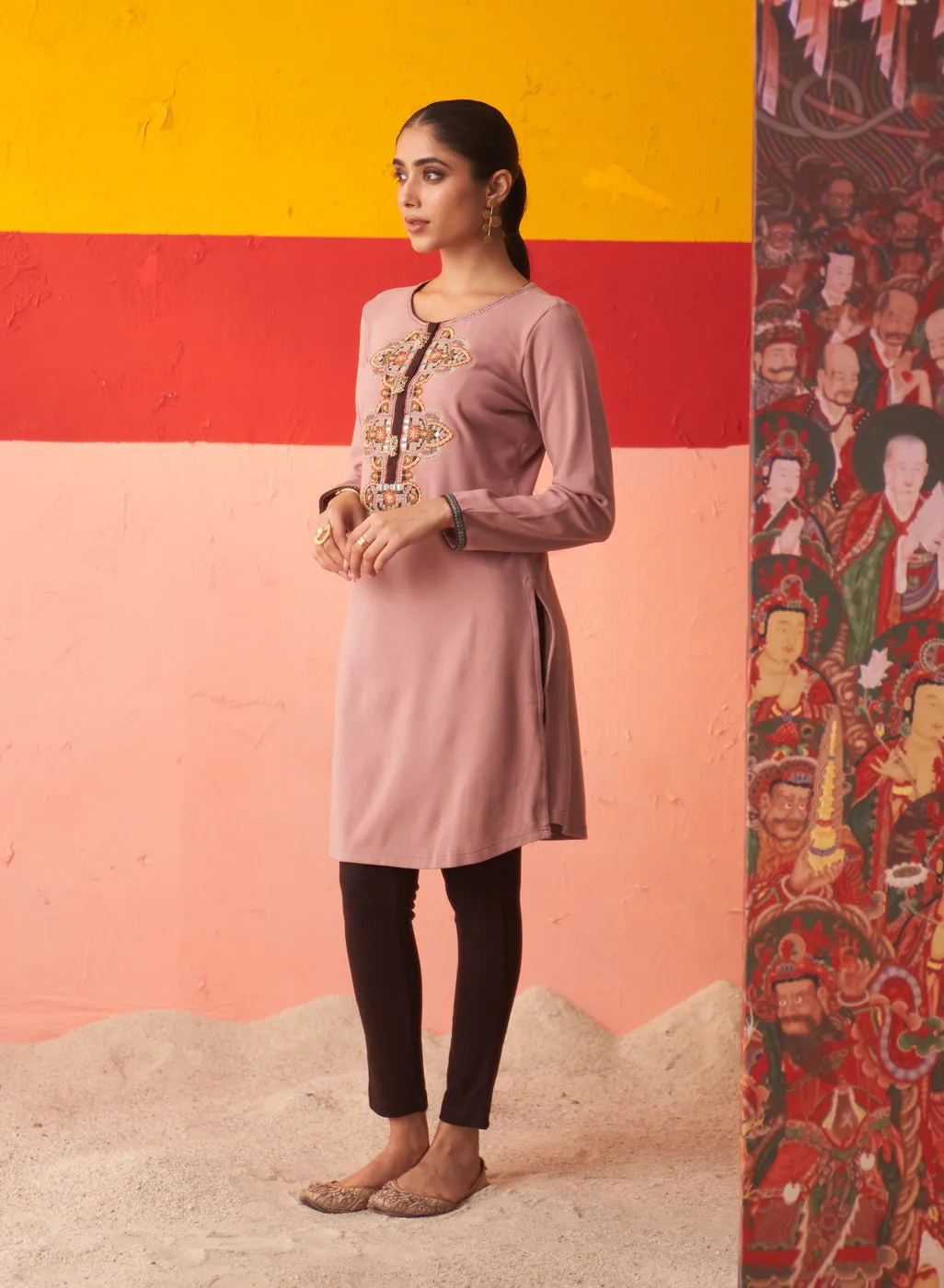 Beige Thread Work Woollen Kurti for Women with Brooch