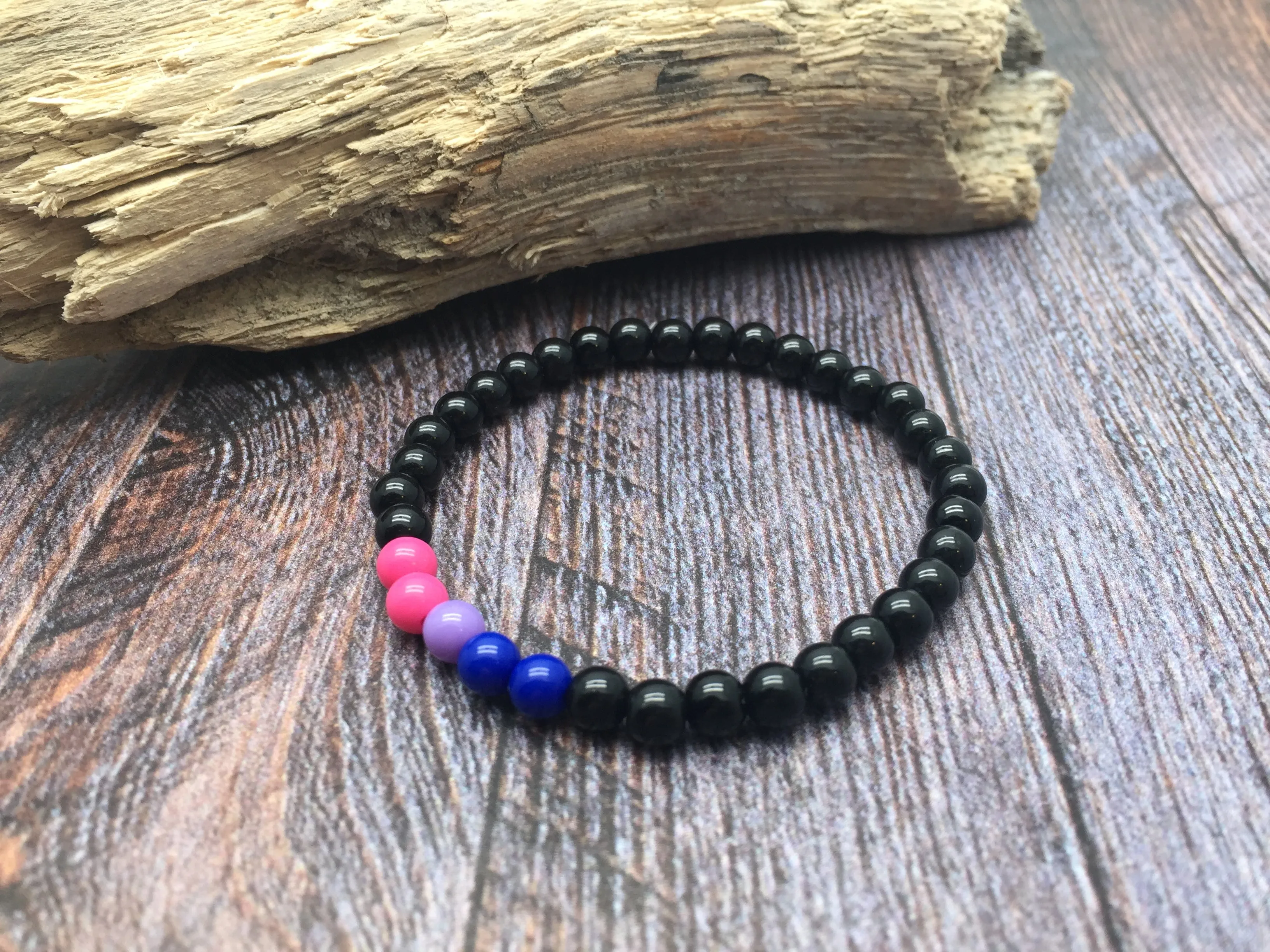 Bisexual Flag Colours and Black Acrylic Bead Bracelet