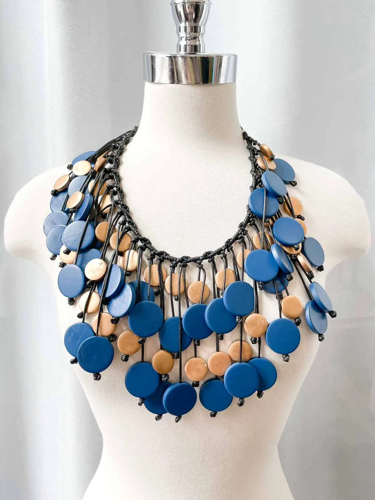 Coins Cotton Cord Peacock Necklace, Pantone Blue/Gold