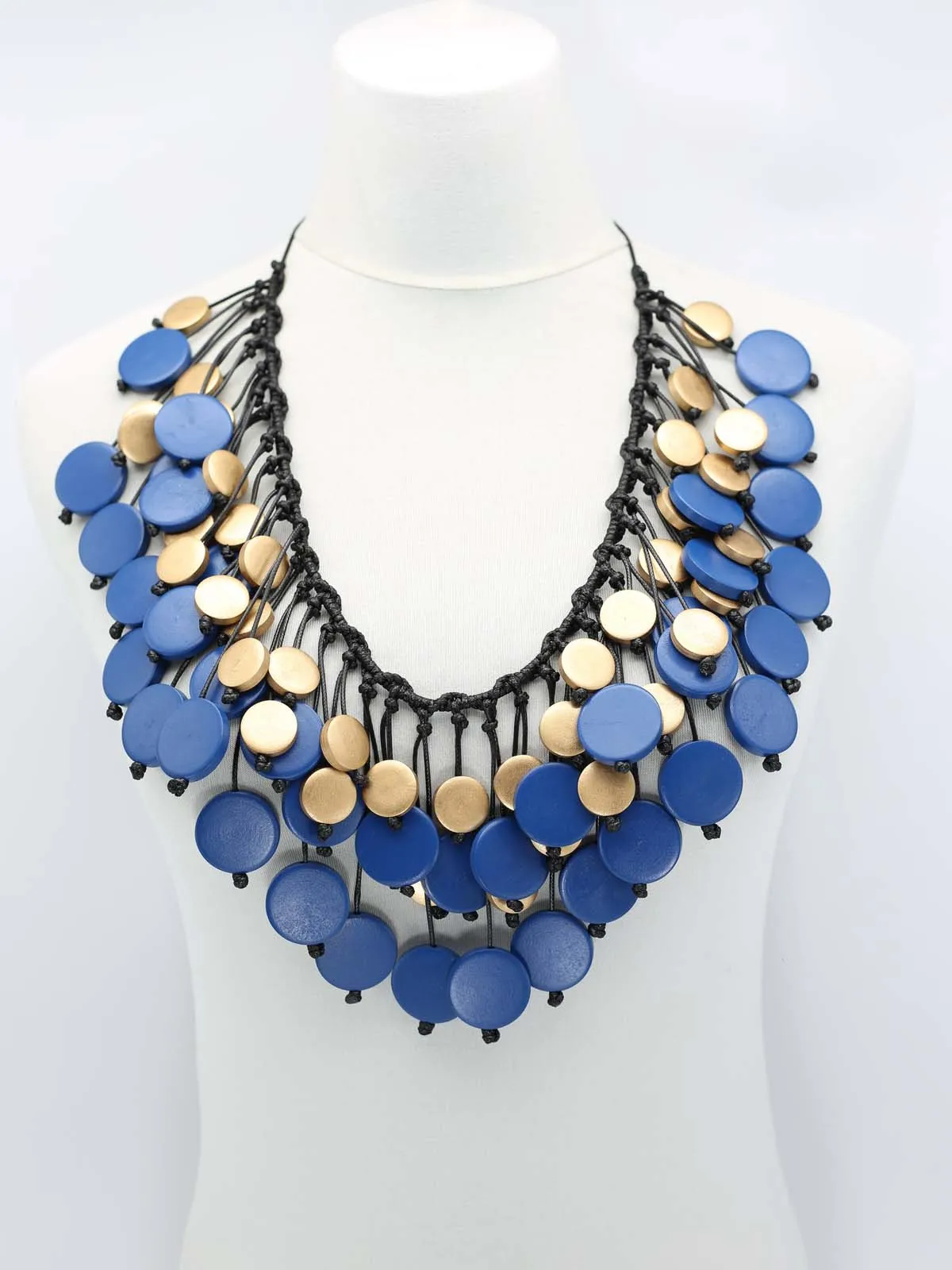 Coins Cotton Cord Peacock Necklace, Pantone Blue/Gold