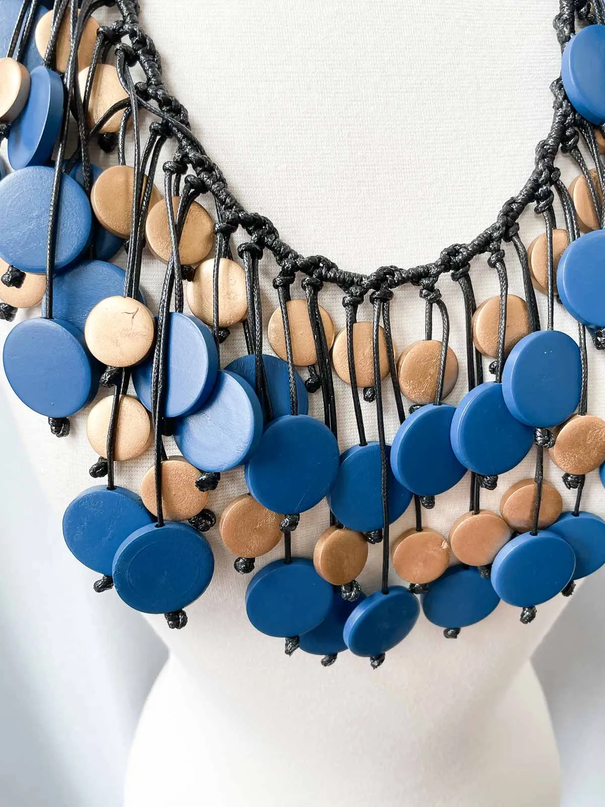 Coins Cotton Cord Peacock Necklace, Pantone Blue/Gold