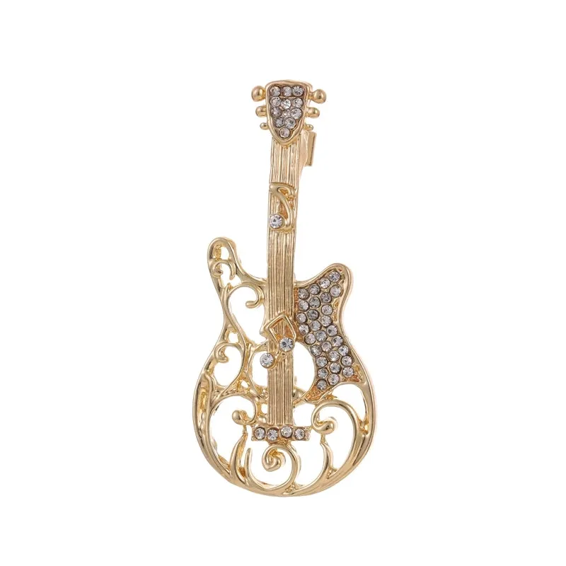 Cute Classic Style Guitar Teeth Cat Alloy Enamel Inlay Rhinestones Unisex Corsage Brooches Collar Pin