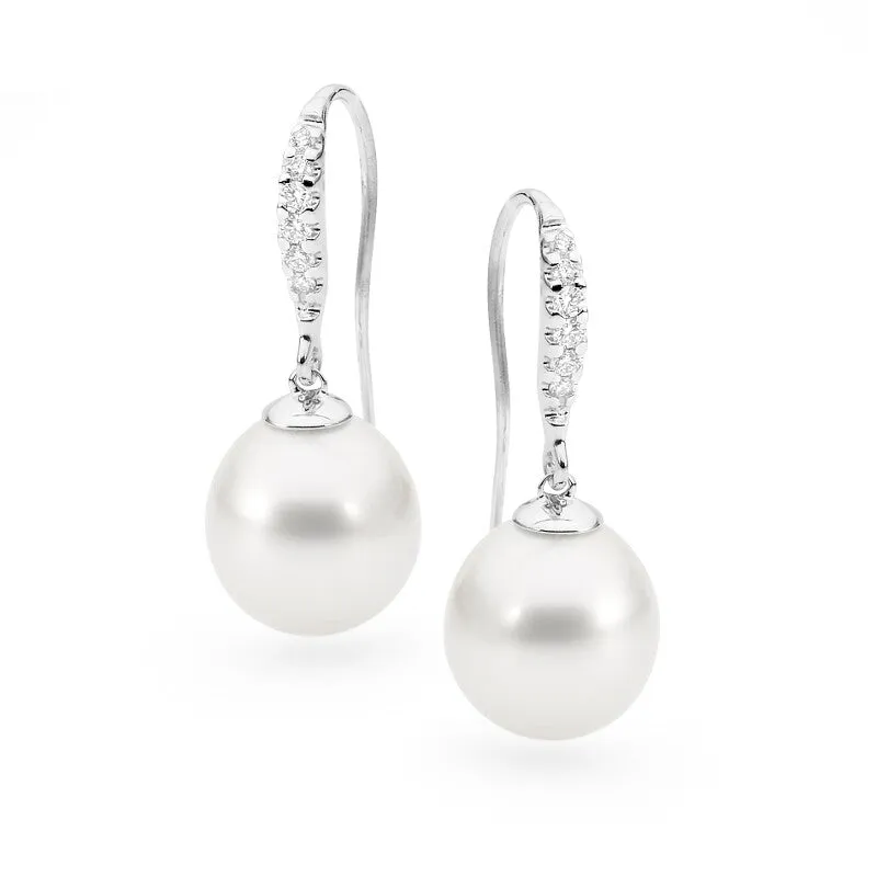 Diamond set french hook pearl earrings