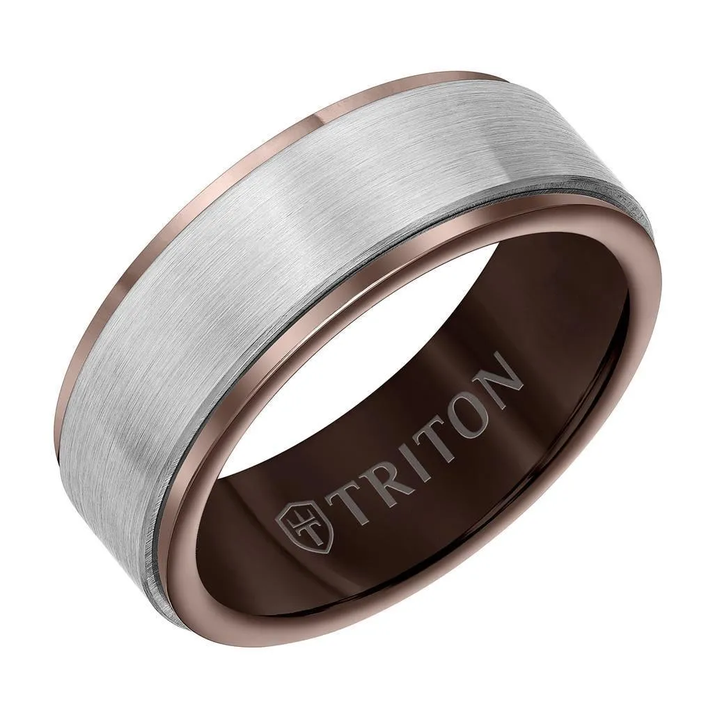 DONN 8MM Brown & White Tungsten Carbide Comfort Fit Ring - Satin Finish Center and Step Edge