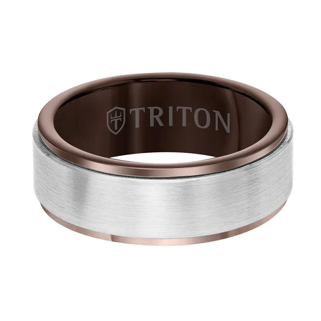 DONN 8MM Brown & White Tungsten Carbide Comfort Fit Ring - Satin Finish Center and Step Edge