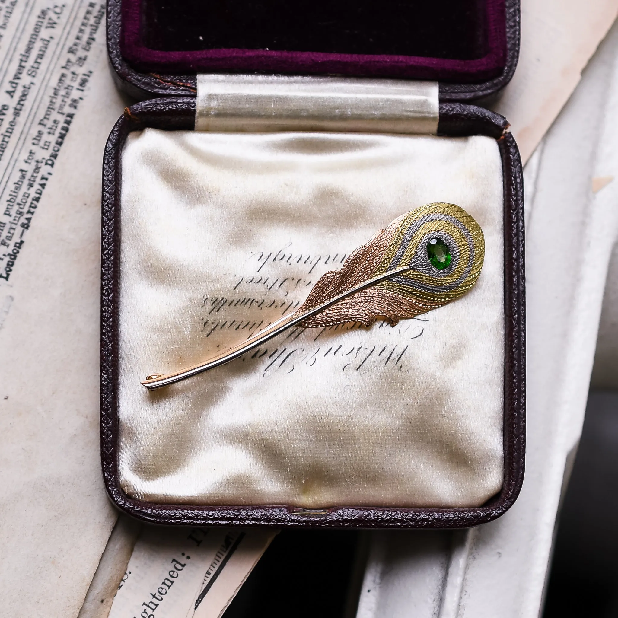 Edwardian Demantoid Garnet Peacock Feather Brooch