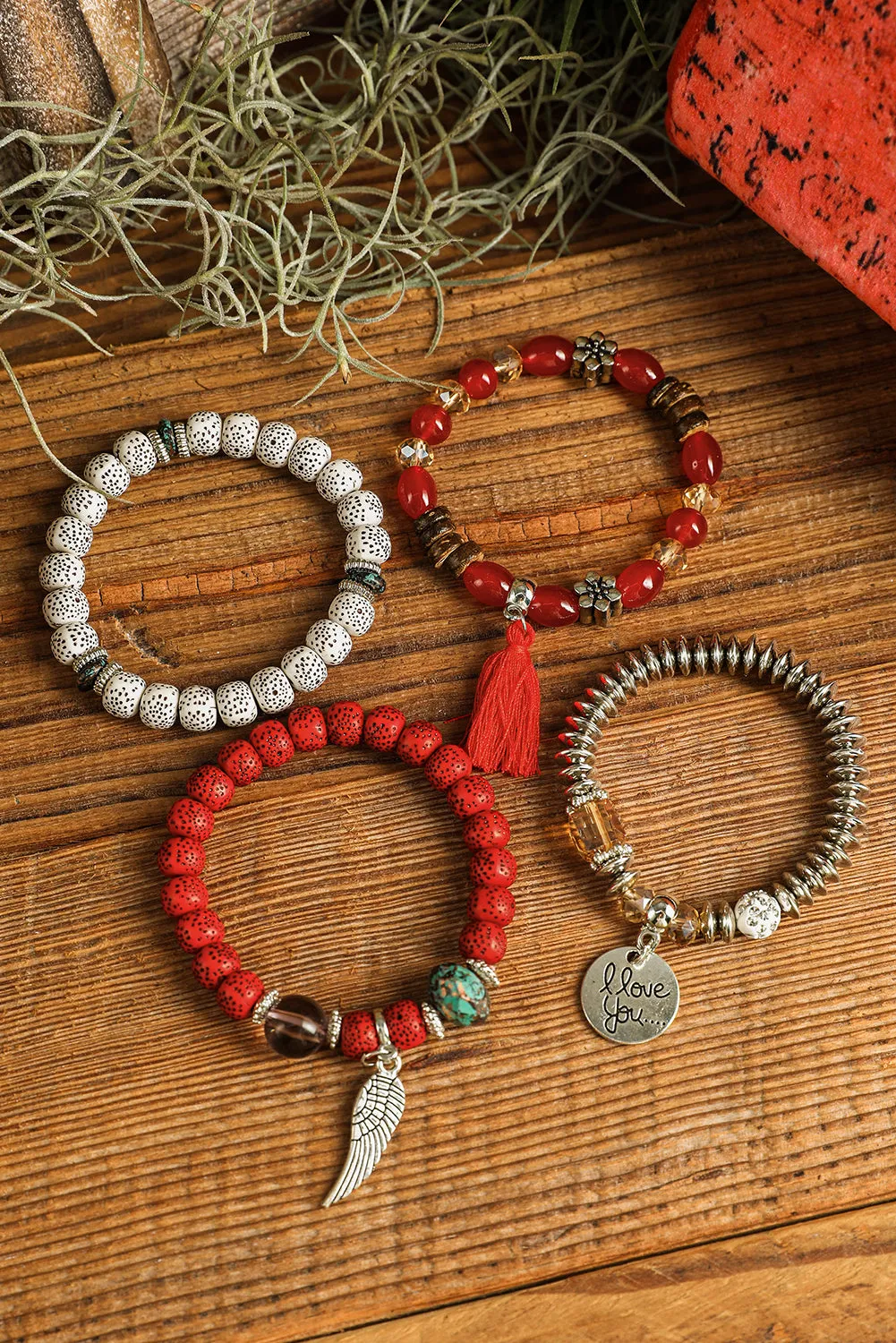 Fiery Red 4pcs Boho Disc Tassel Wing Pendant Beaded Bracelet Set