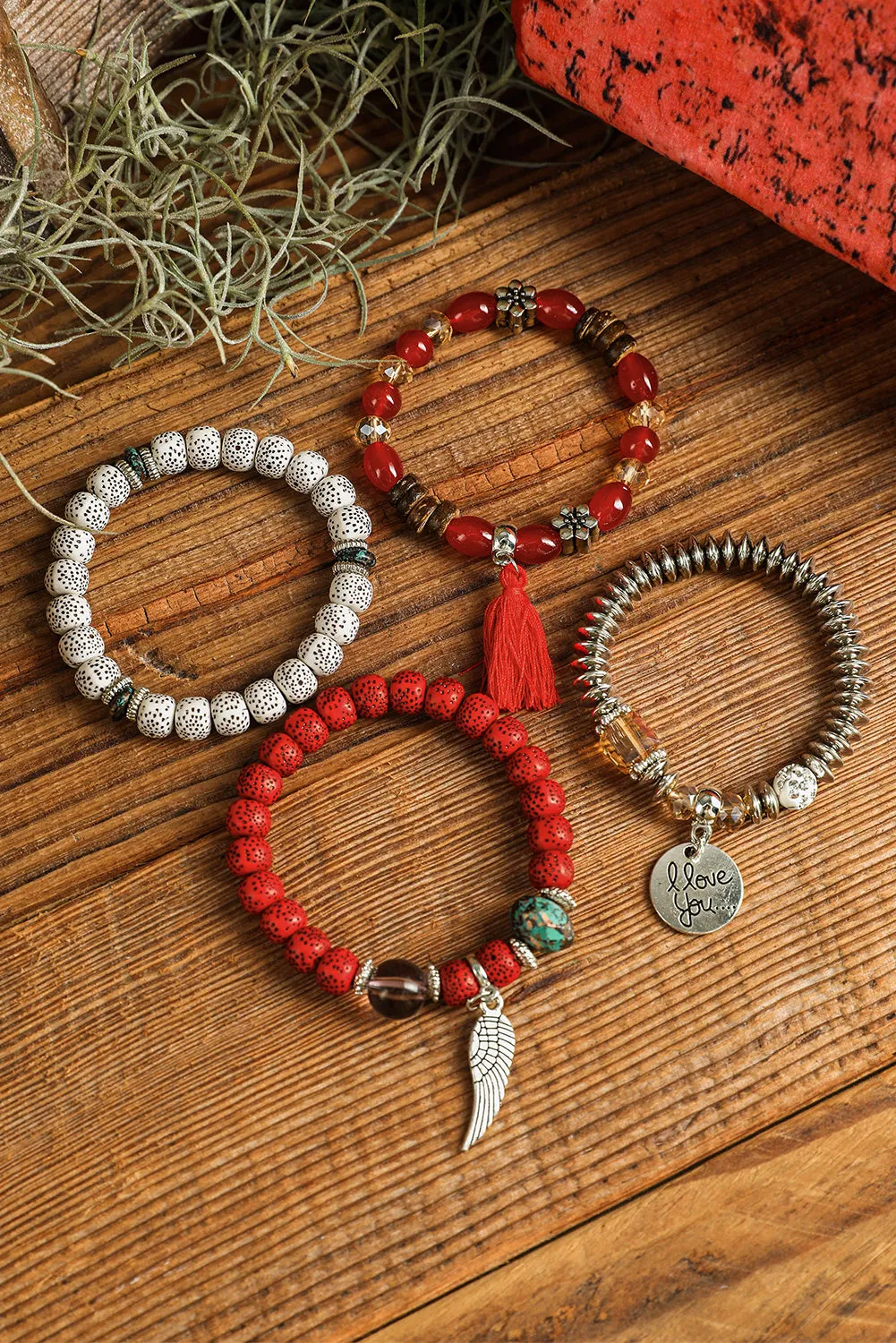 Fiery Red 4pcs Boho Disc Tassel Wing Pendant Beaded Bracelet Set