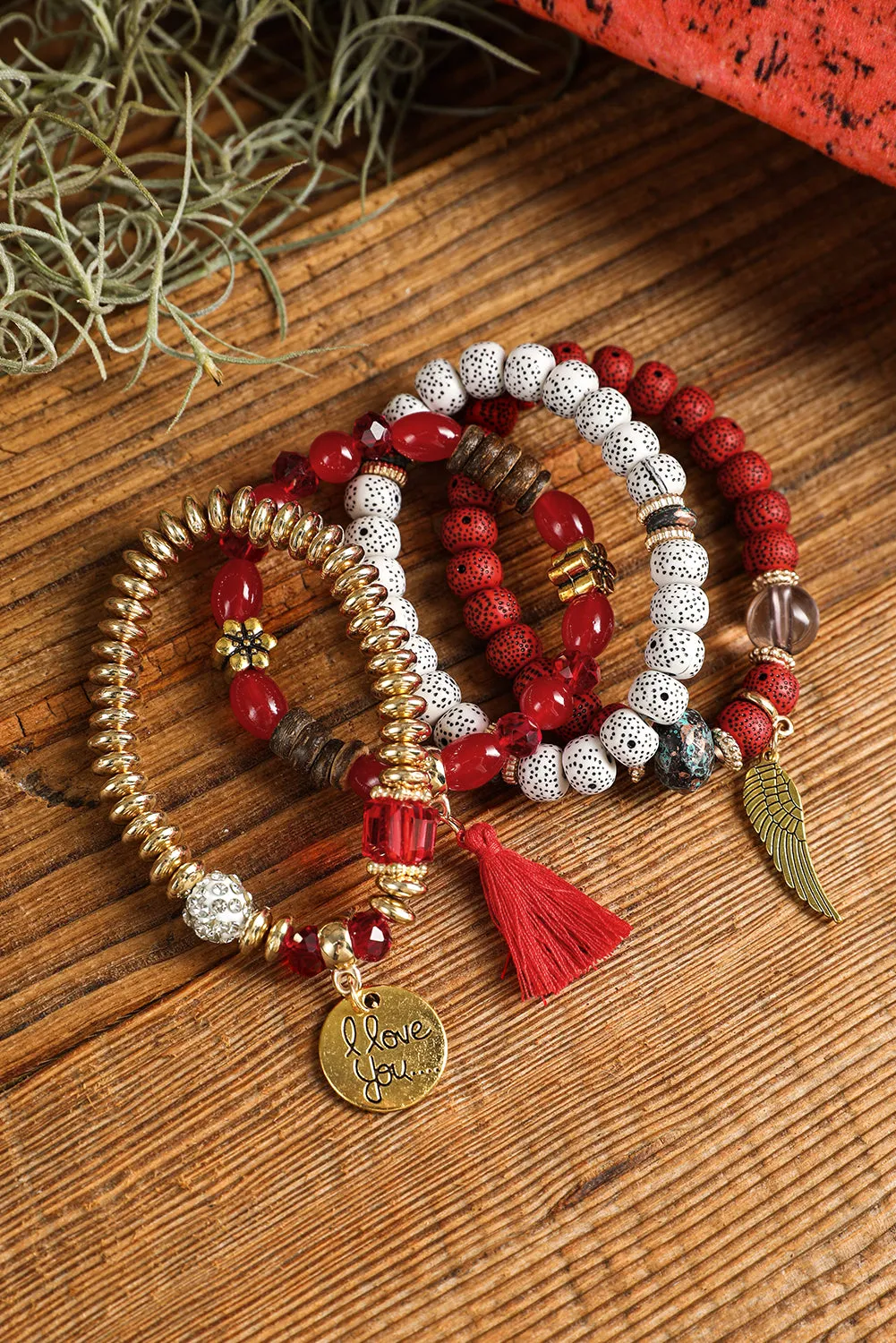 Fiery Red 4pcs Boho Disc Tassel Wing Pendant Beaded Bracelet Set