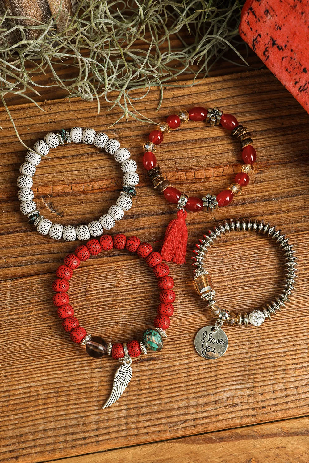 Fiery Red 4pcs Boho Disc Tassel Wing Pendant Beaded Bracelet Set