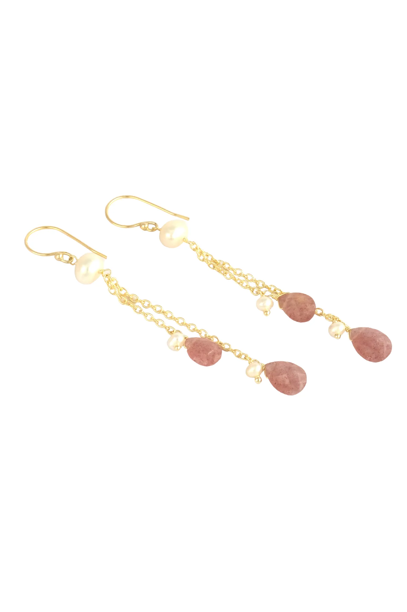 Gold Dangle Earrings with Gold Chain Strands with Cherry Quartz and Pearl Drops