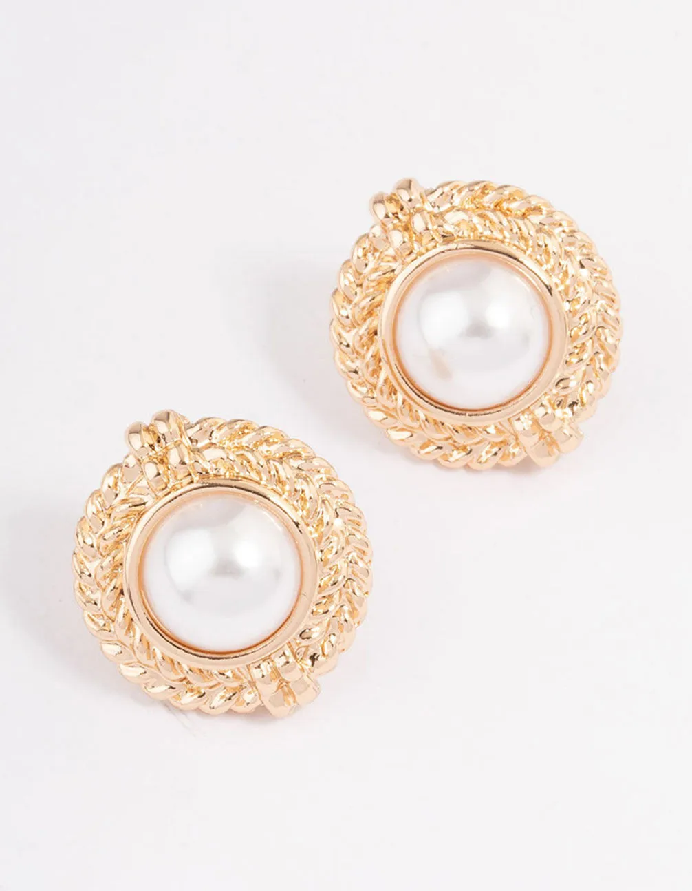 Gold Round Pearl & Rope Stud Earrings