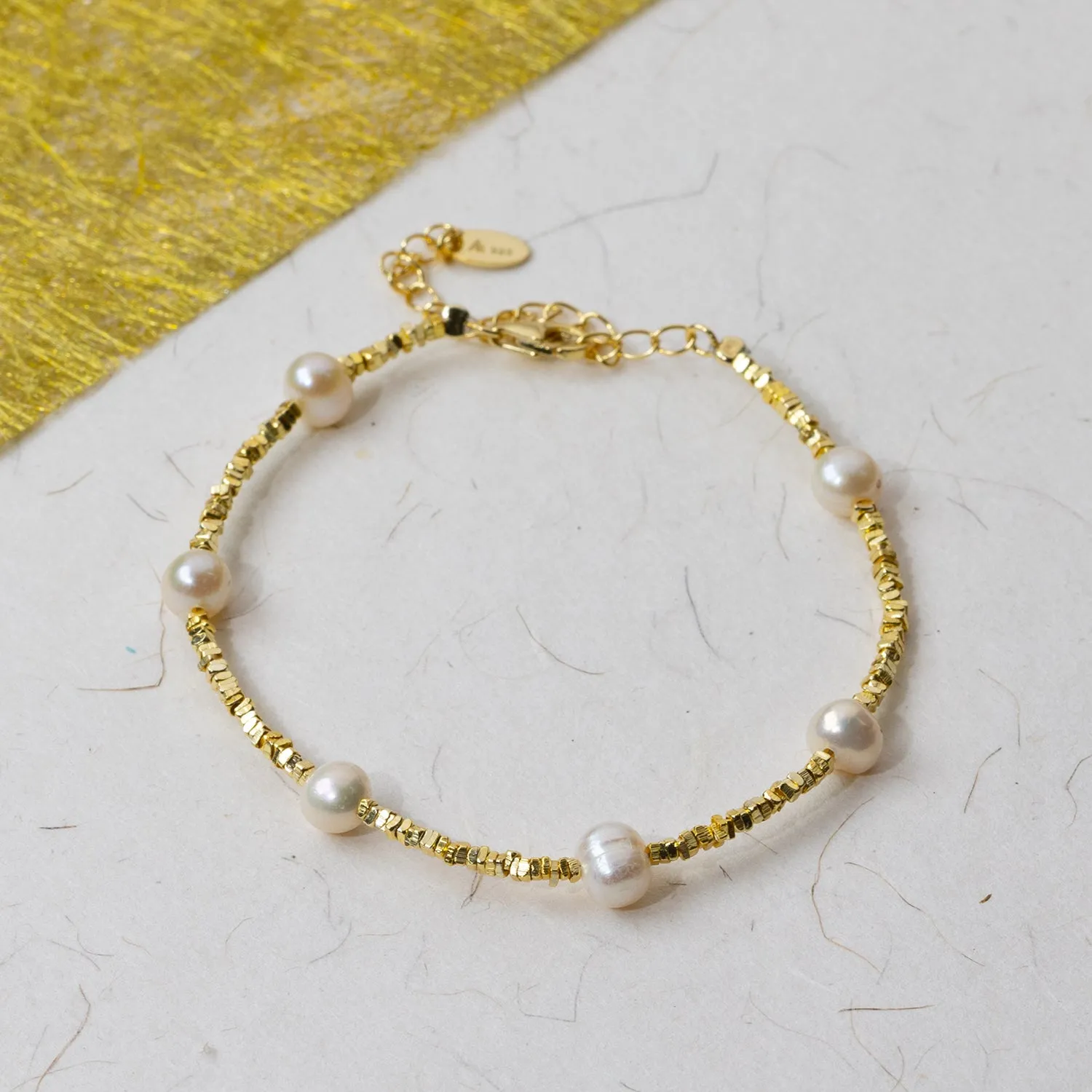 Gold Vermeil Cubed Beads Bracelet with Freshwater Pearls