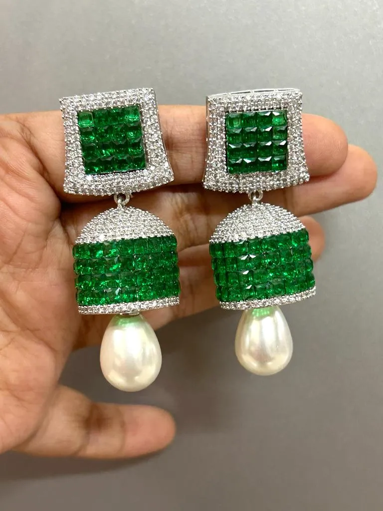 Green and White stone studded Diamond Invisible stone  Setting Jumka for Women-SANDY001IJWG