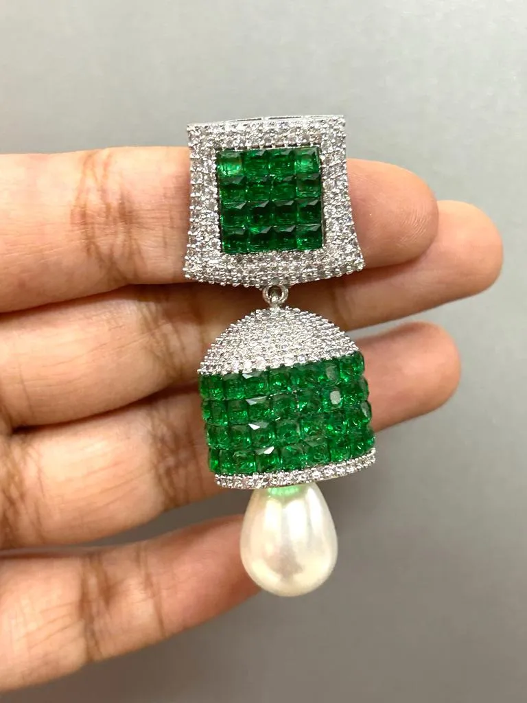 Green and White stone studded Diamond Invisible stone  Setting Jumka for Women-SANDY001IJWG