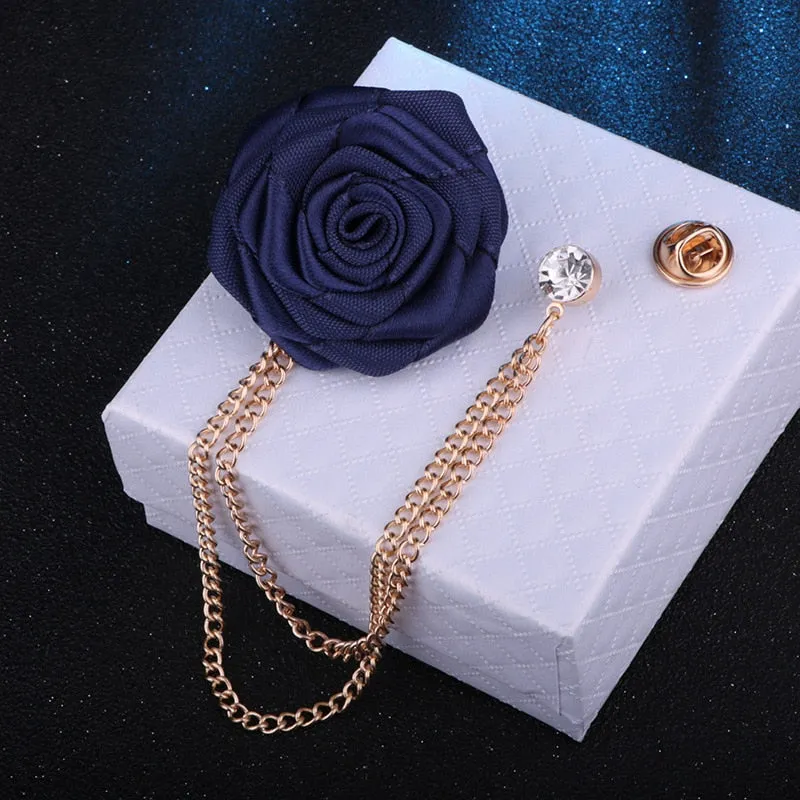 Korean Bridegroom Wedding Brooches Cloth Art Hand-made Rose Flower Brooch Lapel Pin Badge Tassel Chain Men&#39;s Suit Accessories