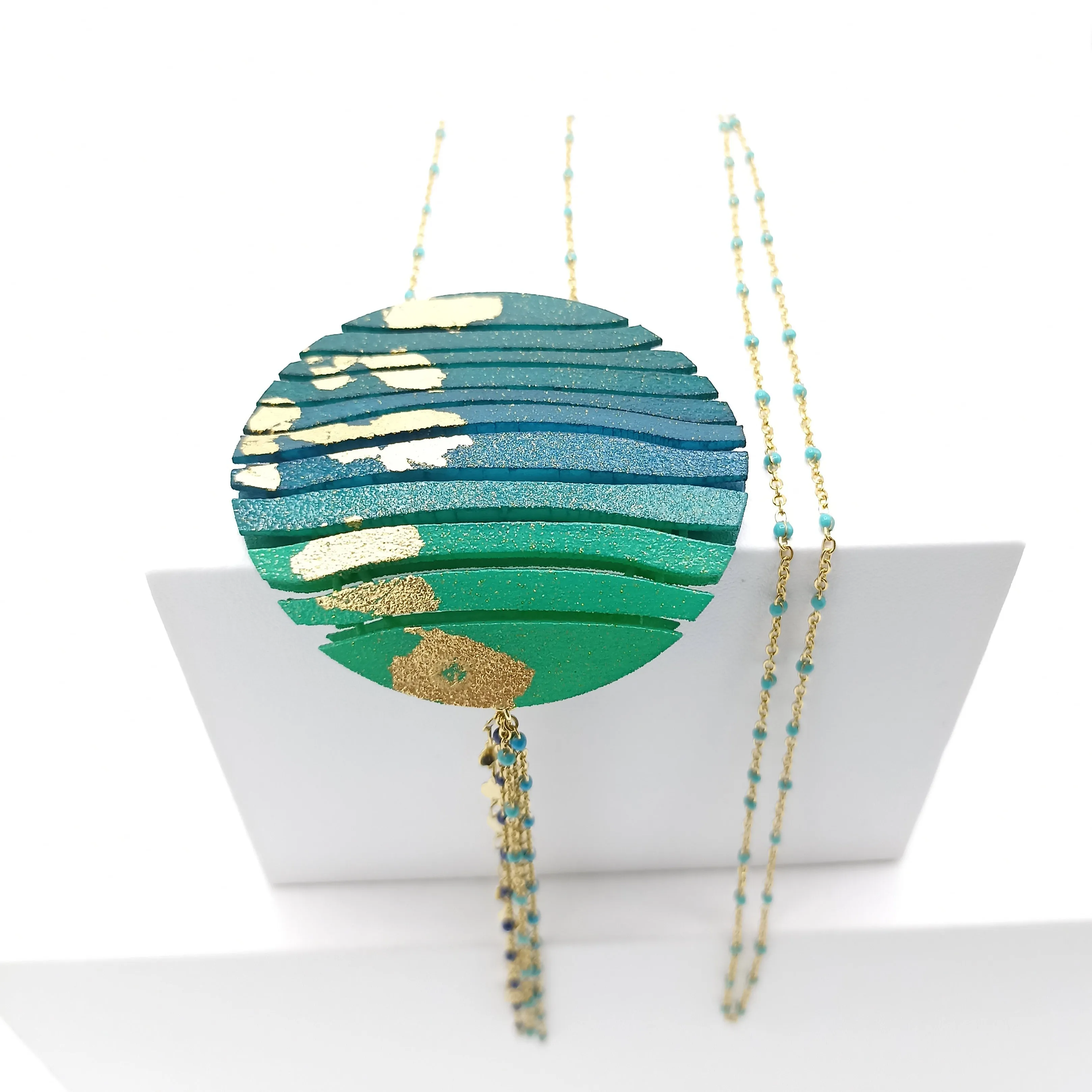 Long Circle Wave Necklace in Petrol & Emerald