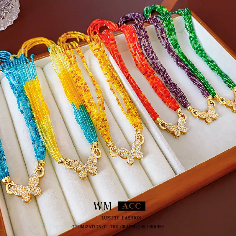 Luxurious Butterfly Chinese Zodiac Animal Artificial Crystal Electroplating Necklaces